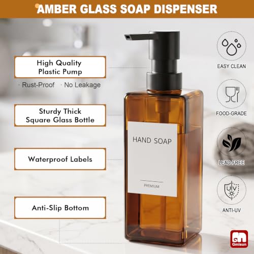 GMISUN Dish Soap Dispenser, 12 Fl oz / 350 ml Dual Soap Dispenser with Sponge Holder, Customized Amber Glass Kitchen Soap Dispensers Set, Modern Hand and Dish Soap Dispensers Set Removable - color: Amber Bottle + Black Rack