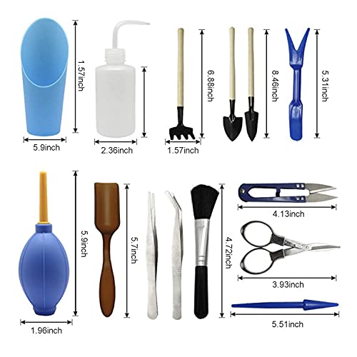 Tool Set Miniature, 14PCS Iron and Wood Garden Tool Set with Watering Bottle Brush Tweezers for Bonsai Transplanting Mini Potted Plants Home Office Garden