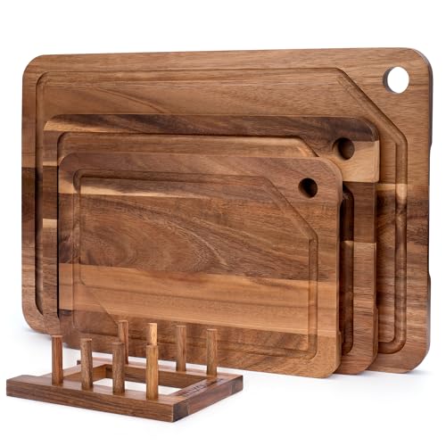 WILLKOMMEN Acacia Wood Cutting Board for Kitchen, 3-Piece Chopping Boards Set with Stand, Juice Groove, Handles & Hanging Holes, Butcher Block for Meat, Vegetables (Small, Medium, Large) - color: Acacia Wood Set of 3 with Hole