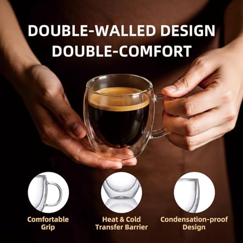 Double Wall Insulated Espresso Shot Cups 5.4 OZ Set of 2, Small Clear Borosilicate Glass Demitasse Coffee Mugs with Handles