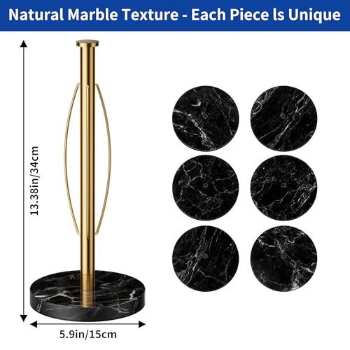 YIGII Heavy Marble Base Paper Towel Holder Countertop - Standing Paper Towel Roll Holder with Black Weighted Base, Gold Papertowel Holder for Kitchen - style: Gold & Black Marble