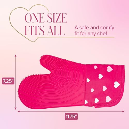 Paris Hilton Oven Mitt Set with Heart Design, Heat Resistant Pot Holders Featuring Non-Slip Textured Silicone Grips, 2-Piece Set, Pink - style: Hearts