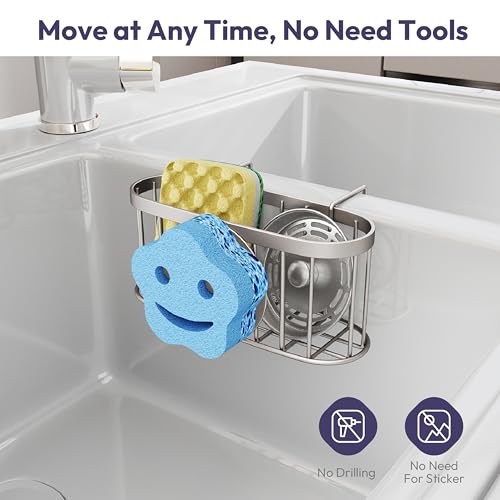 SWTYMIKI Sponge Holder for Kitchen Sink - Movable Sink Caddy with Smiley Face Sponge Holder, Rustproof Hanging Sponge Organizer in Double Bowl Sinks Depth>3.15in, Middle Divider<1.5in, Sand Nickel - color: Sand Nickel-smiley Sponge Holder