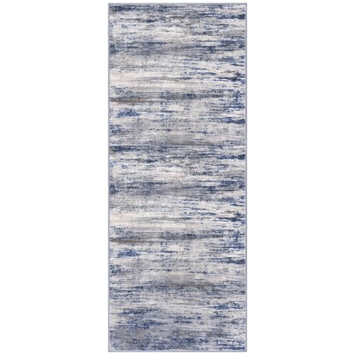 KOZYFLY Modern Washable Rug Runner 2x5 Hallway Rug Runner Grey-Blue | Non-Slip, Non-Shedding, Low Pile Soft, Abstract Striped, For Hall Kitchen Entryway Bathroom Laundry Bedroom Foyer - color: Blue-grey, size: 2' x 5' (Runner)