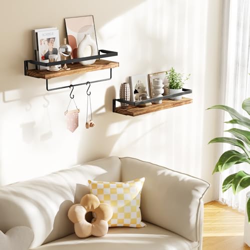 Amada Bathroom Shelves with Towel Bar, Set of 2, Rustic Brown | Floating Shelves with Detachable Towel Bar, Protective Metal Guards, Paulownia Wood, Bathroom, Living Room & Kitchen Storage - color: Rustic Brown