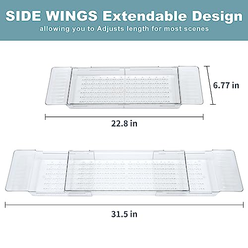 Expandable Bathtub Tray, Adjustable Bathtub Caddy Tray Bathtub Caddy for Luxury Bath, Multifunctional Bathtub Storage Rack for Book Wine Glasses Phone Bath Products, with Anti-Slip mat - color: Transparent
