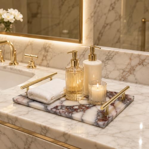 Calacatta Viola Marble Bathroom Tray with Gold Handles, Natural Stone Vanity Organizer for Towels and Essentials (with Handle 30x20cm) - color: With Handle 30x20cm