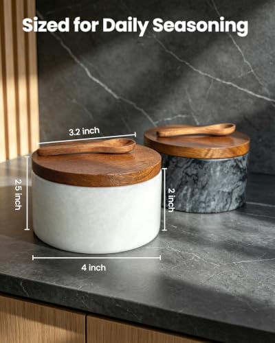 Marble Salt Cellar with Wood Lid and Spoon, White Salt Keeper Bowl, Natural Stone Salt Container for Kitchen Counter, Pepper, Sugar, Spices and Dry Seasonings - color: White