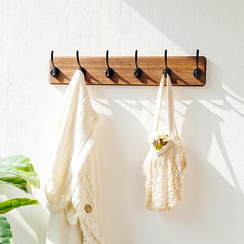 Coat Rack Wall: 24" Long, Patented, Heavy-Duty, 6-Double-Hooks Wooden Wall Mounted Coat Rack Coat Hanger Hook Rail for Winter Coats Hat Jacket Clothing, Natural & Black - color: Natural & Black, size: L=24"(1pcs)