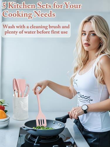 Kitchen Utensil Set,5 Pcs Mini Silicone Cooking Utensils Sets,Heat Resistant Non Stick Kitchens Gadgets BPA-Free Spatula Set,Kitchen Set for Cooking(Pink) - color: Pink