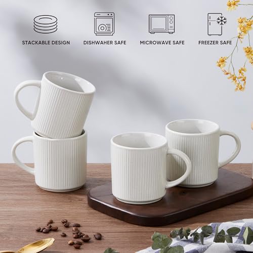 E-far Coffee Mugs Set of 4, 12 oz Stoneware Coffee Cups with Handle for Latte, Tea, Cocoa, Milk, Modern Ribbed Ceramic Mugs for Man Woman, Microwave & Dishwasher Safe, Speckled White - color: Speckled White