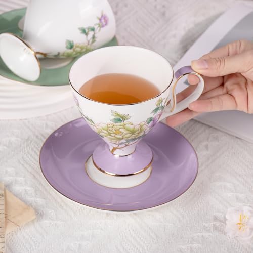 KAMMAK Ceramic Coffee Cups Saucers Set of 2, Porcelain Espresso Cups with Saucers, 8.12 oz Handcrafted Elegant Bone China Tea Cups, Purple Purple & Mint Green Flower Teacup for Party, Office, Gift - color: Green Jade + Purple Blossom