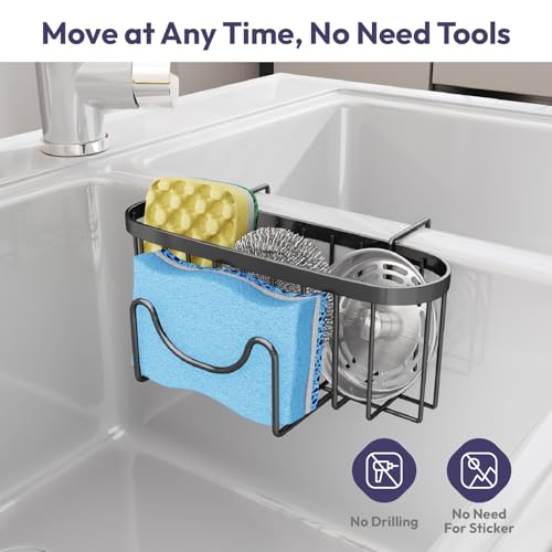 SWTYMIKI Sponge Holder for Kitchen Sink - Movable Kitchen Sink Caddy with M Shape Hook Stainless Steel Hanging Sponges Caddy Organizer in Double Bowl Sinks Depth>3.15in, Middle Divider<1.5in, Black L - color: Black-large