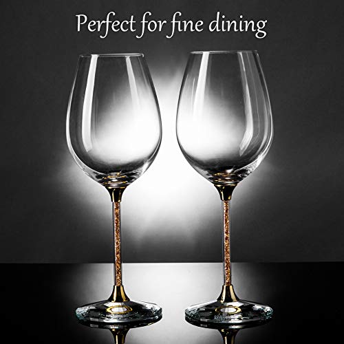 Matashi Crystal Wine Glasses Set of 2 (18.5 oz), Gold Crystal Filled Stem | Luxury Decorative Wine Glass Gift Set for Wedding, Anniversary, Elegant Red & White Wine Glasses