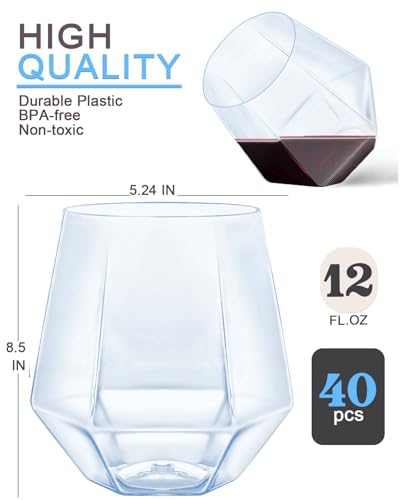 40 Pack Plastic Wine Glasses, 12 Oz Disposable Cocktail Whiskey Glasses | Diamond Stemless Champagne Margarita Glasses, Unbreakable Reusable Plastic Party Cups for Wedding Birthday (Blue) - color: Blue-40 Pack