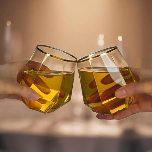 Goodluck 40PCS 12oz Diamond Stemless Plastic Wine Whiskey Glasses,Gold Rim | Disposable Cocktail Glasses, Suitable for Weddings, Birthday Parties, Family Gatherings, Bars, etc - color: Clear and Gold