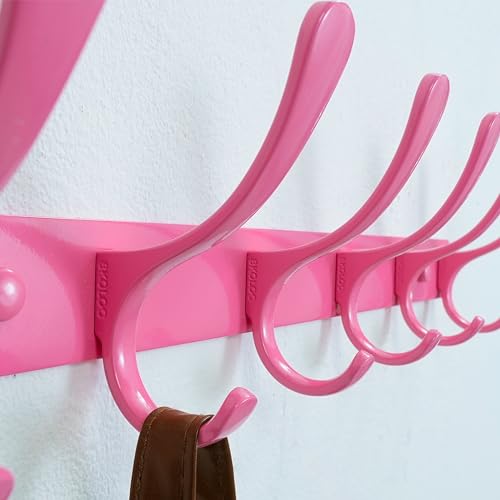 SKOLOO Wall Mounted Coat Rack - 6 Hooks, Pack of 2, Heavy Duty, Stainless Steel, Metal Wall Hanger, Sturdy Coat Hooks for Hanging Coats, Jackets, Clothes, Hats - Pink - color: Pink, size: 6 Hook(2 Pack)