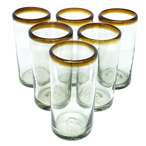 Amber Rim 20 oz Tall Iced Tea Glasses (set of 6) Mexican Handmade Glassware, Recycled Glass, Lead-free, Toxin-Free (Tall Iced Tea) - style: 20 oz Tall Iced Tea