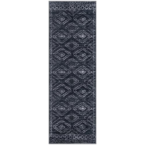 KILOCOCO Washable Runner Rug 2x6 ft Hallway Runners, Blue-Black | Non Slip Runner Rug, Printed Kitchen Runner Rug, Low-Pile Entryway Runners, Soft Geometric Rugs for Bedroom Hall Living Room - color: Black/Navy/White, size: 2' x 6' (Runner)