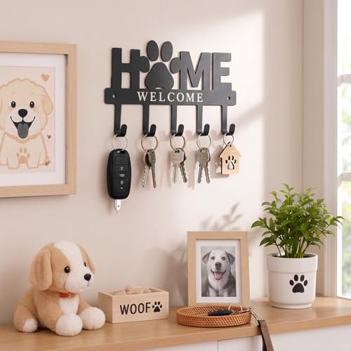 Key Holder Wall Mount Paw Print Metal Key Hooks Organizer Dog Leash Holder with 5 Hooks Rustic Farmhouse Decorative Welcome Home Wall Decor for Entryway Bathroom Dog Lover 9.8 Inch - style: Paw Print