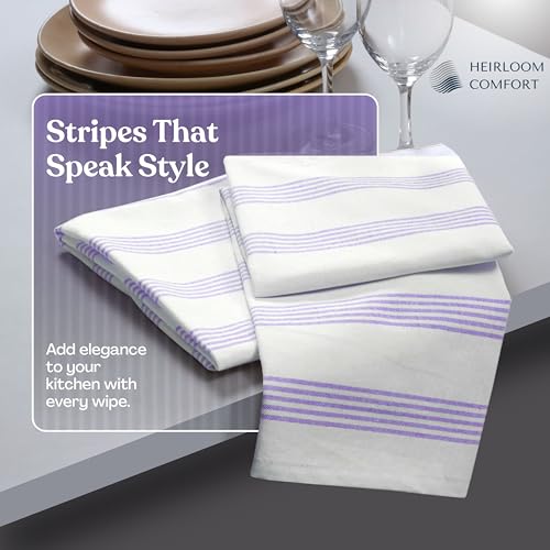 Lavender Stripe Kitchen Towels, 3 Pack, 100% Cotton, Super Absorbent and Quick Dry, Multi Pin Striped Towel Set, Durable Dish Cloths for Kitchen Use, Cleaning & Drying Dishes - color: Lavender, style: 3 Pack