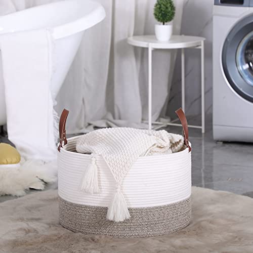 KAKAMAY Large Blanket Basket (20"x13"),Woven Baskets for storage Baby Laundry Hamper,Cotton Rope Blanket Basket for Living Room, Laundry, Nursery, Pillows, Baby Toy chest (White/Beige) | Extra Large Capacity | Natural Cotton Rope | Blanket Storage | Woven