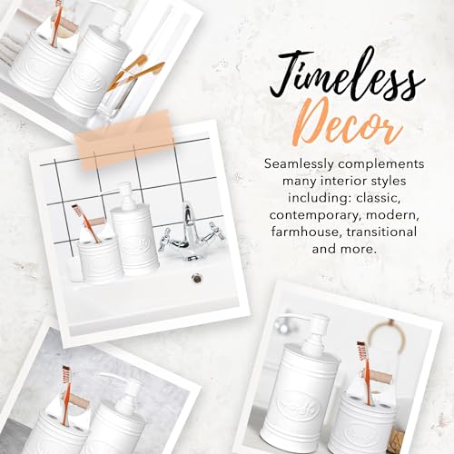 Autumn Alley Kids Bathroom Accessories Set – 2-Piece White Soap Dispenser & Toothbrush Holder, Farmhouse Bathroom Countertop Organizer for Kids, Durable Metal Bathroom Set with Wood Handle - color: White