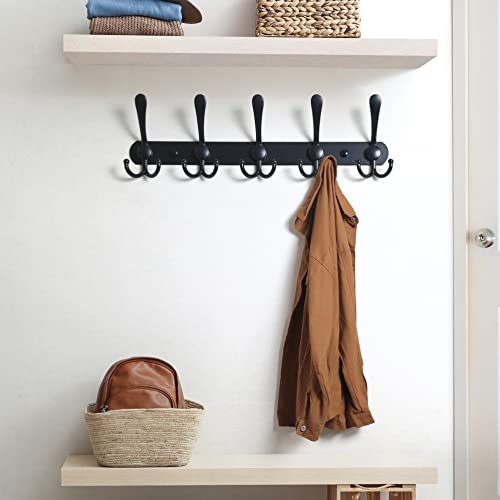 Coat Rack Wall Mounted - 5 Tri Hooks, Heavy Duty, Stainless Steel, Metal Coat Hook Rail for Coat Hat Towel Purse Robes Mudroom Bathroom Entryway (Black, 2 Packs) - color: Black, size: L=16" (2 Pcs)