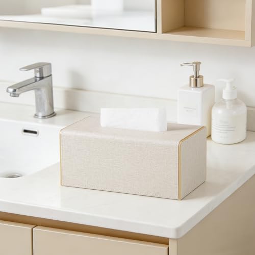 Linen Tissue Box Cover Rectangle with Magnetic Closure, Large | 4 Different Sizes, PU Leather Tissue Box Cover, Decorative Rectangular Tissue Holder for Bathroom Nightstand Car Office - size: Large – Fits Tissue Boxes Up to 3.9" Tall