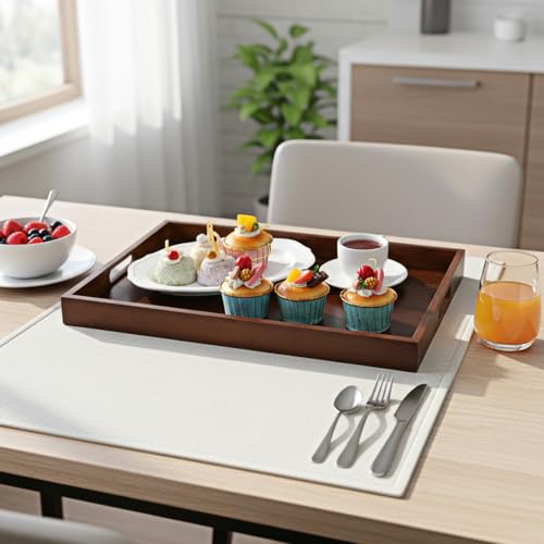 17.3 Inch Acacia Wood Serving Tray with Handles | Decorative Rectangular Tray Large Wooden Ottoman Tray for Breakfast in Bed Dinner Coffee Table Entryway Kitchen