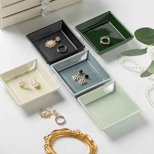 Ceramic Trinket Dish, Small Jewelry Ring Tray, Dark Green | Glazed ceramic jewelry tray. Stores rings, earrings, necklaces, bracelets. Easy to clean. Perfect for vanity and entryway. - color: Dark Green Surface