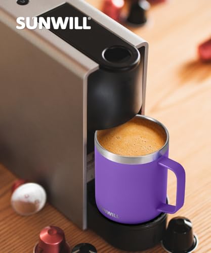 SUNWILL Insulated Coffee Mug with Lid, Travel Tumbler with Handle, 14 oz Stainless Steel Cup for Camping, Office, Home, Powder Coated Purple - color: Powder Coated Purple