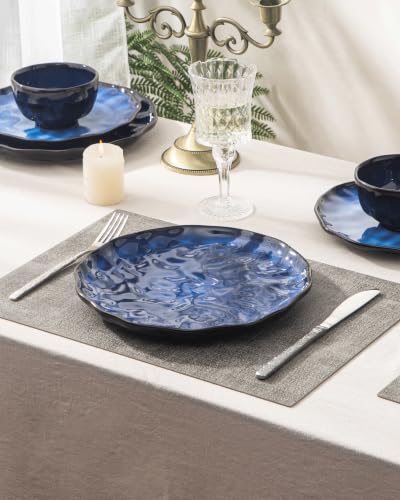 4-piece set, ceramic, natural active glaze plate and bowl set, microwave and dishwasher compatible tableware set, shatterproof and scratch resistant dinner set, irregular edge design, blue - color: style - 4