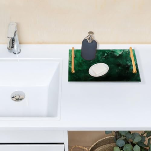 Dark Green Marble Acrylic Vanity Tray with Handles Non-Slip Decorative Bathroom Tray Jewelry Perfume Makeup Organizer for Dresser Kitchen Counter, 7.87 x 11.81 in