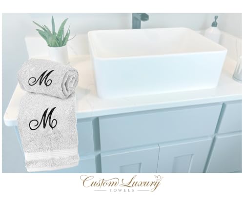 White Hand Towels for Bathroom - Monogrammed | Luxury Cotton Turkish Towels | Embroidered in USA | Set of 2 | Choose Set Color and Letter | A - Z | Script Font - color: White