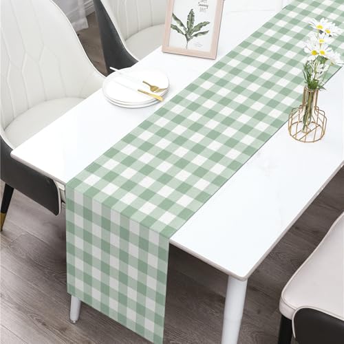 Sage Green Gingham Party Table Runner Green and White Checkered Plaid Decorations for Birthday Bridal Baby Shower Home Dining Kitchen Island Decor (13" x 36") - size: 13" x 36"