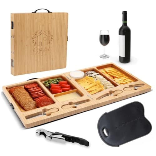 Large Bamboo Cheese Board Set, Black Bag | Charcuterie Accessories, Wooden Cheese Platter, Foldable Charcuterie Board, House Warming Gifts, New Home, Wedding Gifts - color: Luxe Set (Black)