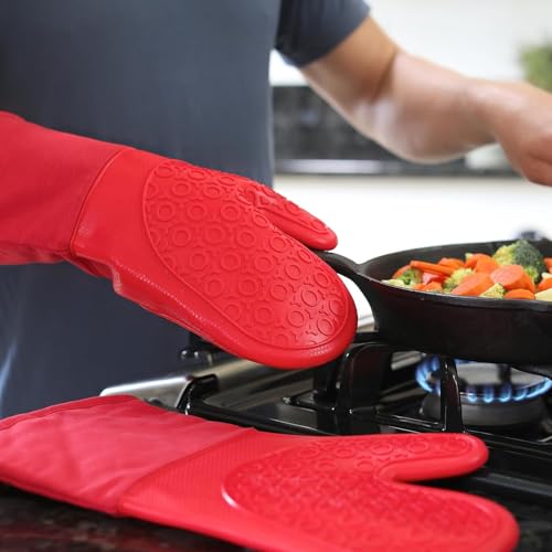 BPA-Free Silicone Oven Mitts Ultra Heat Resistant up to 500°F - Oven Mitts with Thick Cotton Liner - Long Slip Resistant Pot Holders, Flexible Oven Gloves - Canyon Red 13.7 - color: Red, size: 2-Piece 13.7" Oven Mitts