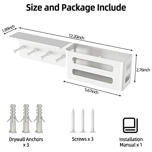 MKO Key Holder Wall Mount, Adhesive Key Hanger with 4 Hooks for Wall, White | Metal Material, Key Rack with Shelf, Wall Mount, Mail Organizer Tray, Suitable for Entryway, Hallway, Living Room - color: White with Shelf