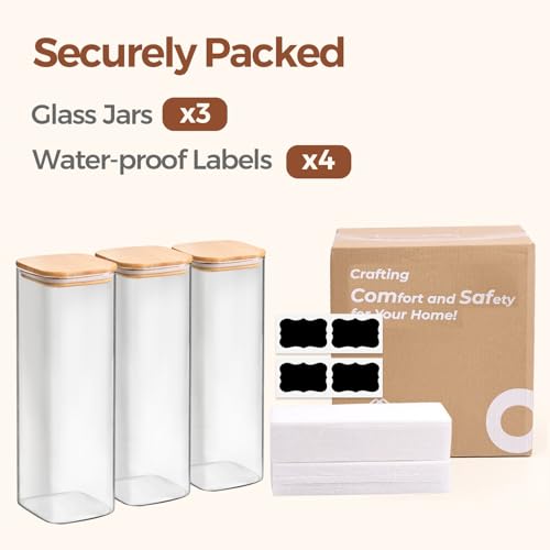 ComSaf Pasta Containers Storage 2.2 Qt, Spaghetti Jar, Set of 3 Tall Jars | Glass Storage Containers wtih Lids, 11.3-inch High Glass Kitchen Canisters Square, Cereal, Noodles, Oats, Dry Food, BPA Free - size: 2.2Qt*3