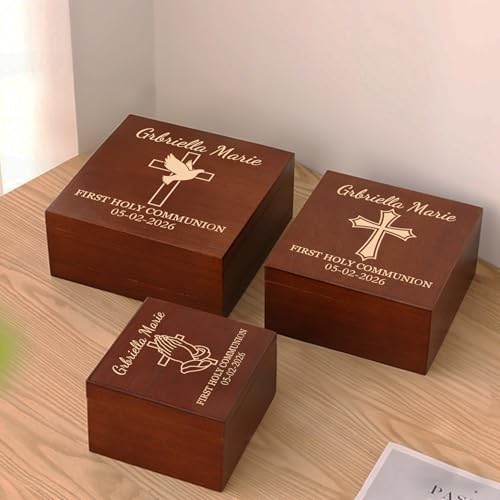 First Communion Gifts Personalized Memory Keepsake Box for Boys and Girls | 1st Holy Communion Gift Box, Wooden Box for Jewelry, Trinkets, Mementos & Photos Storage - Custom Name, Date & Cross Design - size: 7.7"L x 7.7"W x 3.9"H, style: Communion