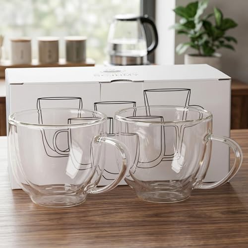 Double Wall Glass Coffee Mugs with Handle, 7.4 oz (220ml) Clear Insulated Espresso Cups for Cappuccino, Latte, Hot Tea & Cold Drinks, Microwave Safe Borosilicate Glassware, Set of 2 (6oz(2-pack))