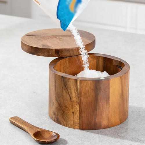 GSHLLO Wooden Salt Cellar Holder Wood Sugar Pepper Cellar Small Seasoning Storage Jar Condiment Canister Pot Bath Salt Organizer Case Box Spice Keeper Container for Charcuterie Board
