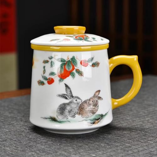 Ceramic Tea Mug with Infuser and Lid, Rabbit Pattern, 11.8 fl oz (350ml) | Ceramic tea cup with infuser and lid, Jingdezhen porcelain, matching saucer, removable strainer, for tea at home or office - color: Suet Jade-Rabbit
