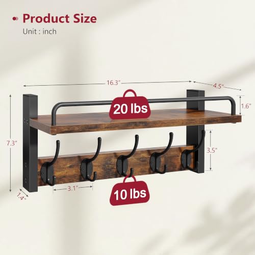 Coat Hanger Wall Mount with Shelf and Guardrail, 16.3" Rustic Brown | Coat Rack Wall Mount with Shelf with 5 Coat Hooks, Storage Entryway Wall Hooks with Shelf for Living Room, Bedroom, Bathroom - size: 16.3 Inch Long