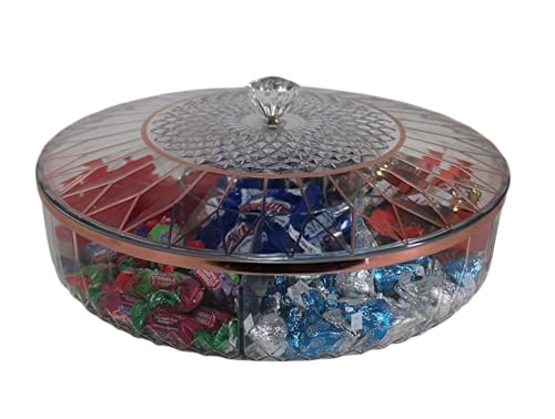Clear Divided Snack Serving Tray with Lid – 6-Compartment Party Platter with Rose Gold Accent Lines for Candy, Fruit, Nuts, Chips, Appetizers & Desserts