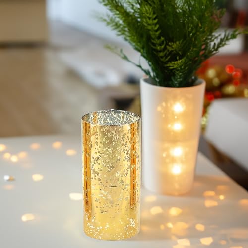 WGVI Hurricane Candle Holder Sleeve, W: 3", Ht: 6", Gold Speckled Glass Cylinder Open Both Ends, Chimney Tube Shade, 2 Pieces - color: Gold Speckle, size: 3x6"H