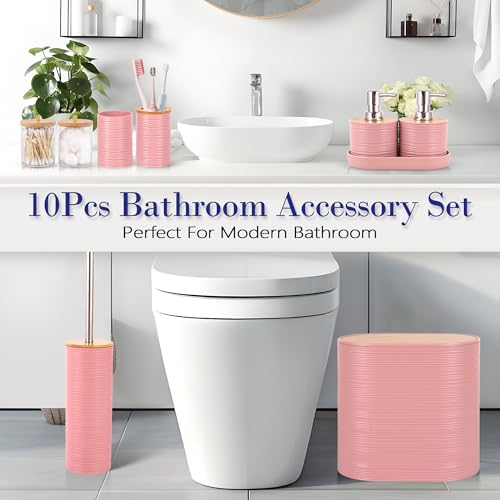 10 PCS Pink Bathroom Accessories Set with Trash Can Bathroom Accessory | All-in-One Kit with Trash Can,Toothbrush Holder,Soap Dispenser,Toothbrush Cup,Vanity Tray,Soap Dish,Toilet Brush etc for Home - color: Pink