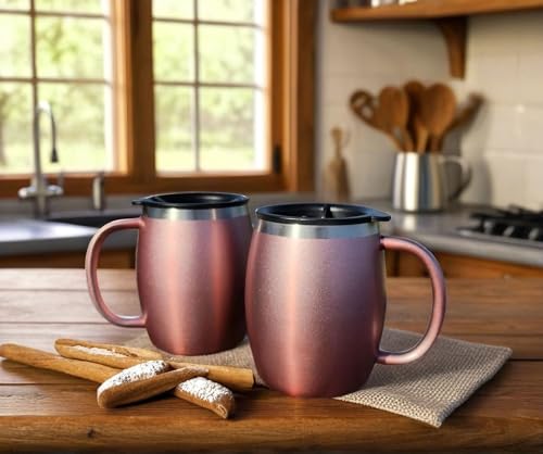 Stainless Steel Insulated Coffee Mugs Set of 2 (14 oz) – Double Wall Coffee Cups with Spill-Resistant Lid and Strong Handle, Shatterproof Cups for Cold Drinks & Hot Beverages - Rose Gold - color: Rose Gold