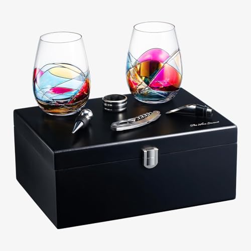 Artisanal Hand-Painted Stemless Wine Glasses & Accessories Set with Gift Box – Mother’s Day, Wife, Friends, or Girlfriend – Romantic Stained Glass Windows – Birthday or Housewarming Gift Idea - style: Full Gift Set